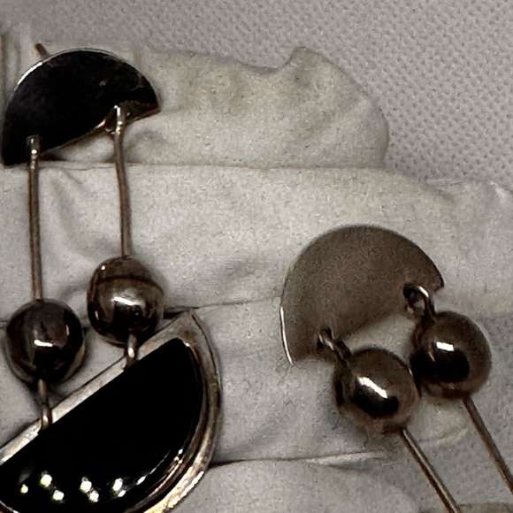 Vintage Taxco earrings sterling silver dangle pendulum onyx modernist - Picture 13 of 13